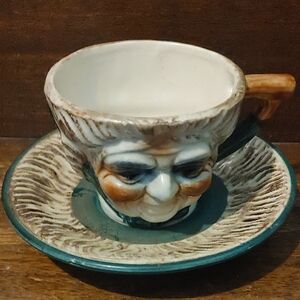 Vintage Ceramic Face Teacup and Saucer Set